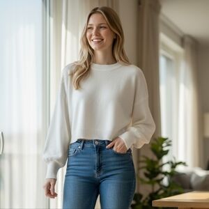 FREEPEOPLE Cream Ribbed Oversized Cropped Sweater